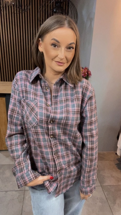 Koszula w kratę szaro-różową