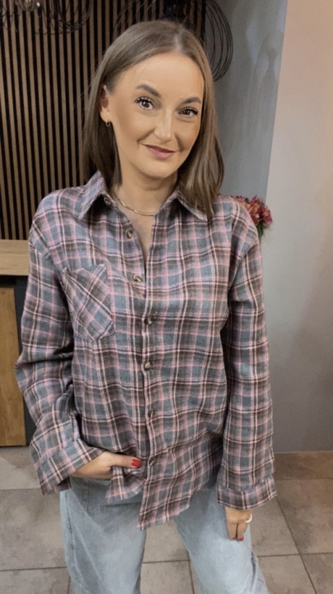 Koszula w kratę szaro-różową