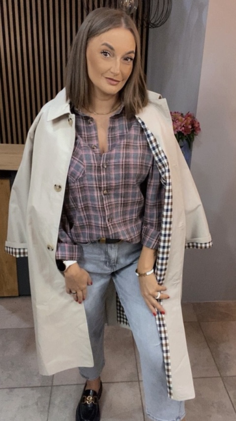 Koszula w kratę szaro-różową