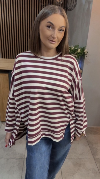 Bluzka w paski - oversize - biało-bordowa