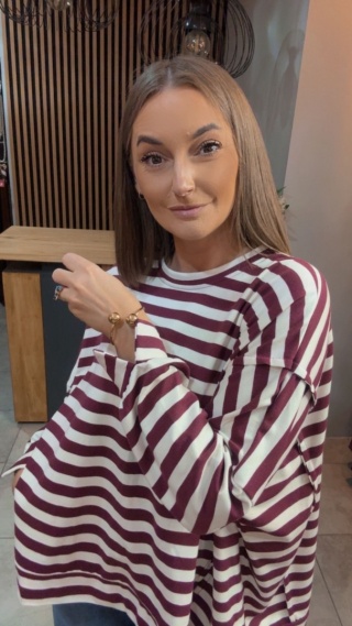 Bluzka w paski - oversize - biało-bordowa