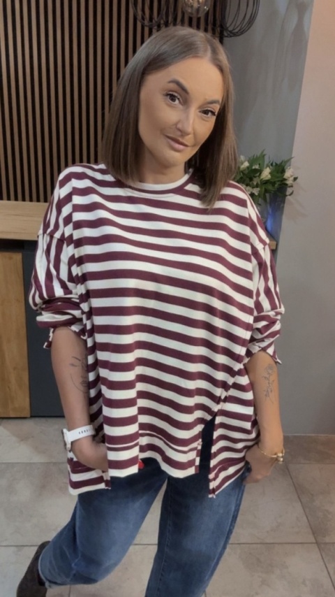 Bluzka w paski - oversize - biało-bordowa