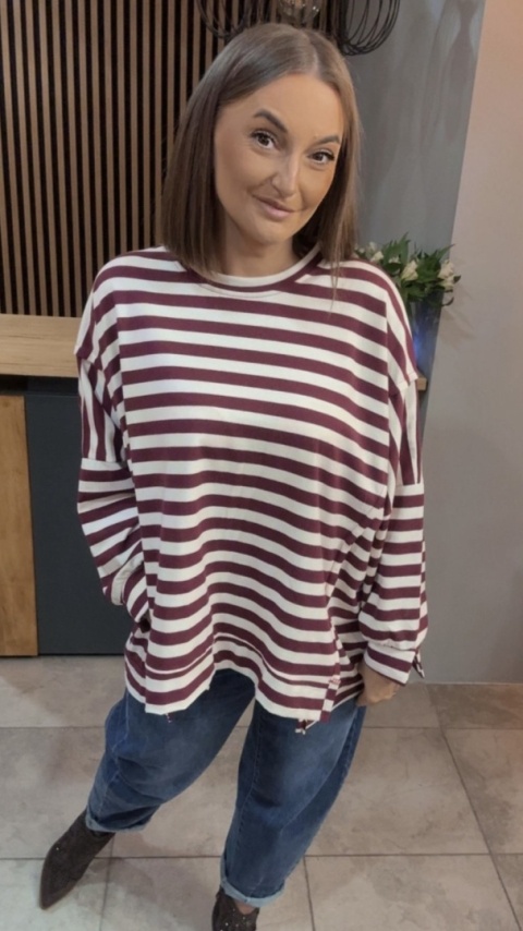 Bluzka w paski - oversize - biało-bordowa