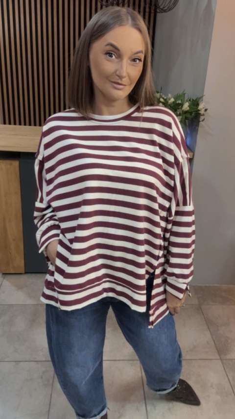 Bluzka w paski - oversize - biało-bordowa