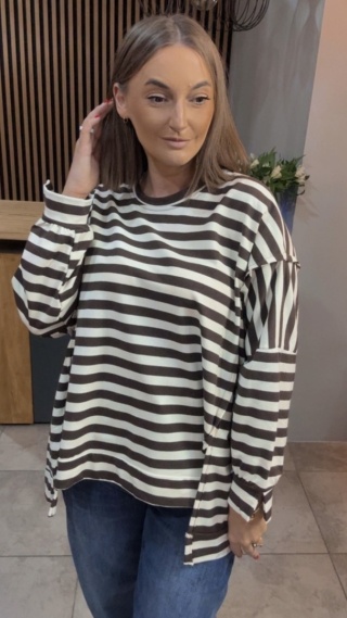 Bluzka w paski – oversize - biało-brązowa