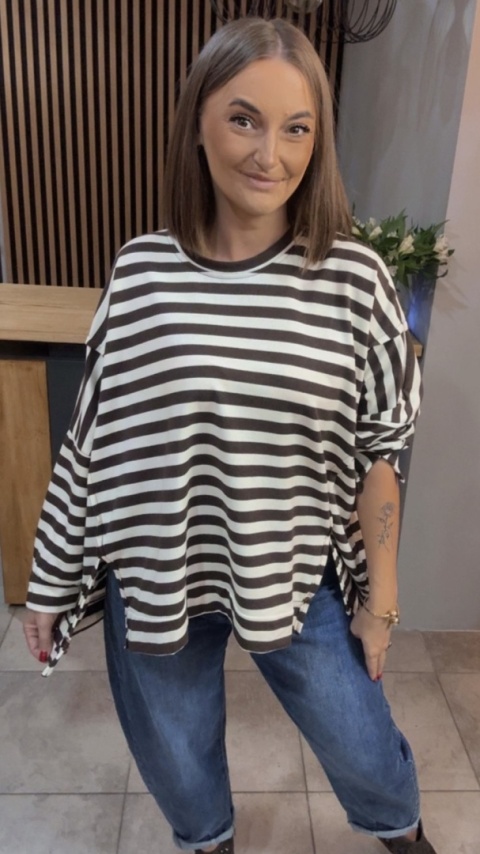 Bluzka w paski – oversize - biało-brązowa