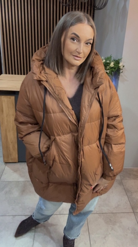 Kurtka Oversize z Naturalnym Puchem - Karmel