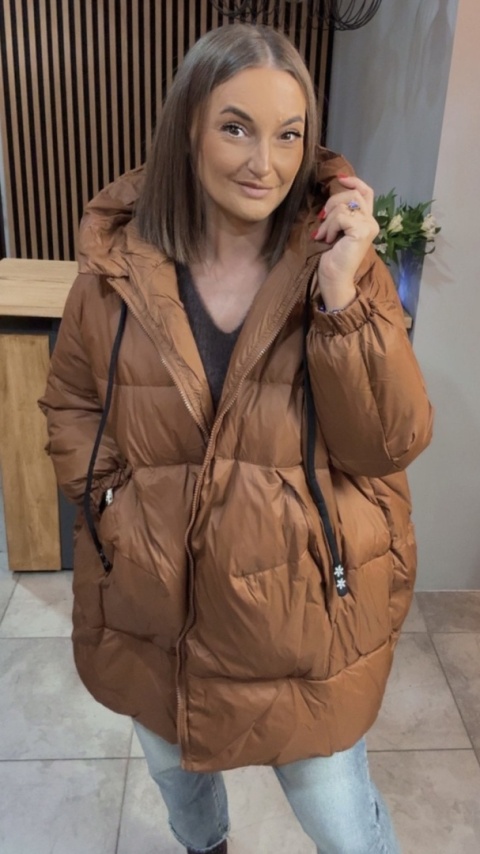 Kurtka Oversize z Naturalnym Puchem - Karmel