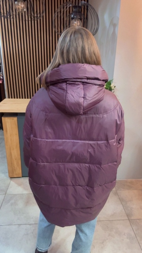 Kurtka Oversize z Naturalnym Puchem - Śliwka