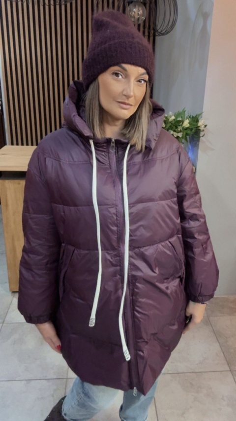 Kurtka Oversize z Naturalnym Puchem - Śliwka