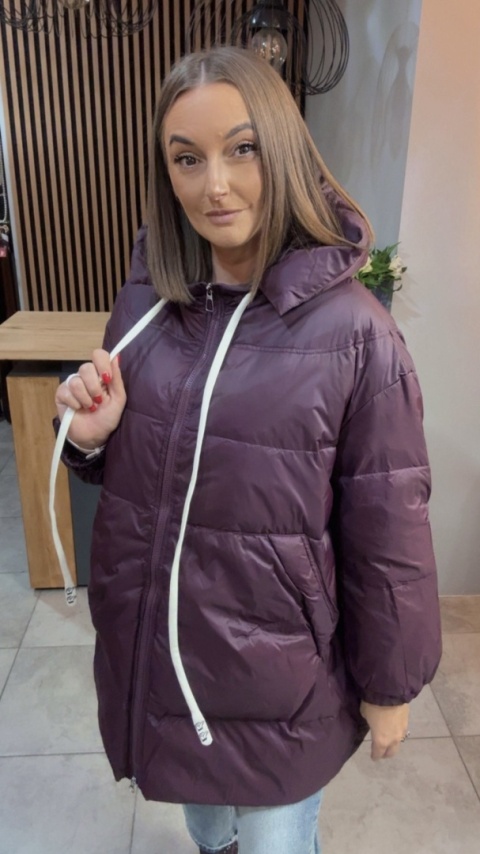 Kurtka Oversize z Naturalnym Puchem - Śliwka