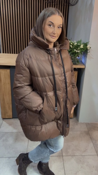 Kurtka Oversize z Naturalnym Puchem - Czekolada