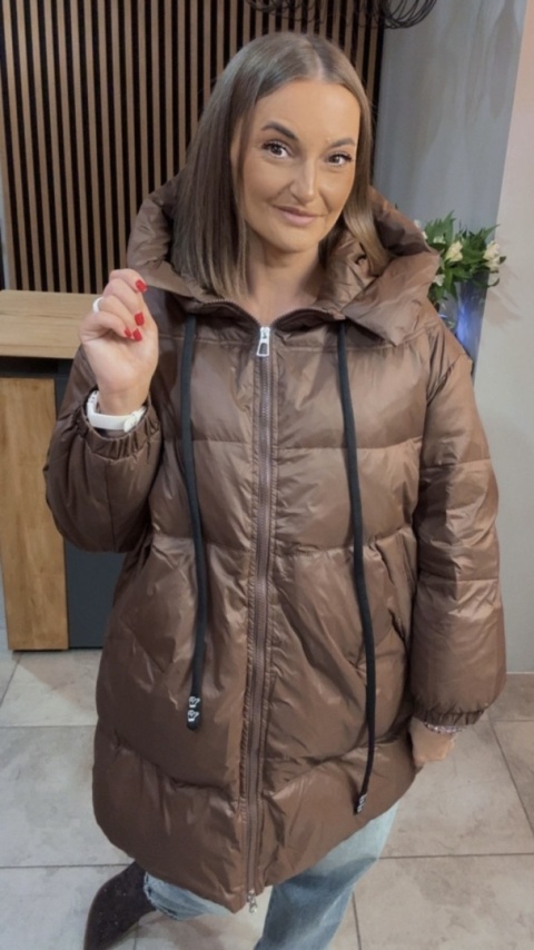 Kurtka Oversize z Naturalnym Puchem - Czekolada