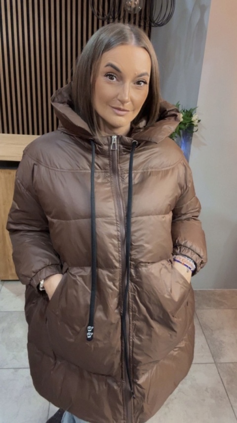 Kurtka Oversize z Naturalnym Puchem - Czekolada