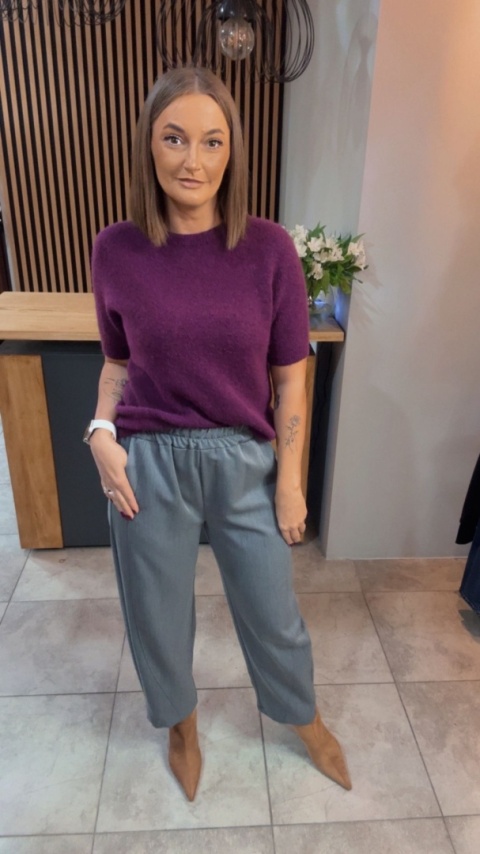 Sweter z krótkim rękawem z baby alpaki - Śliwka