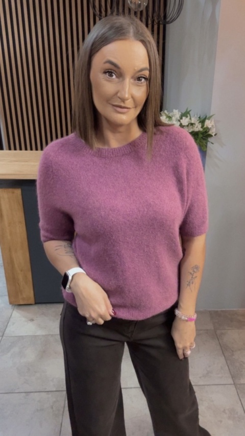 Sweter z krótkim rękawem z baby alpaki - Różowy