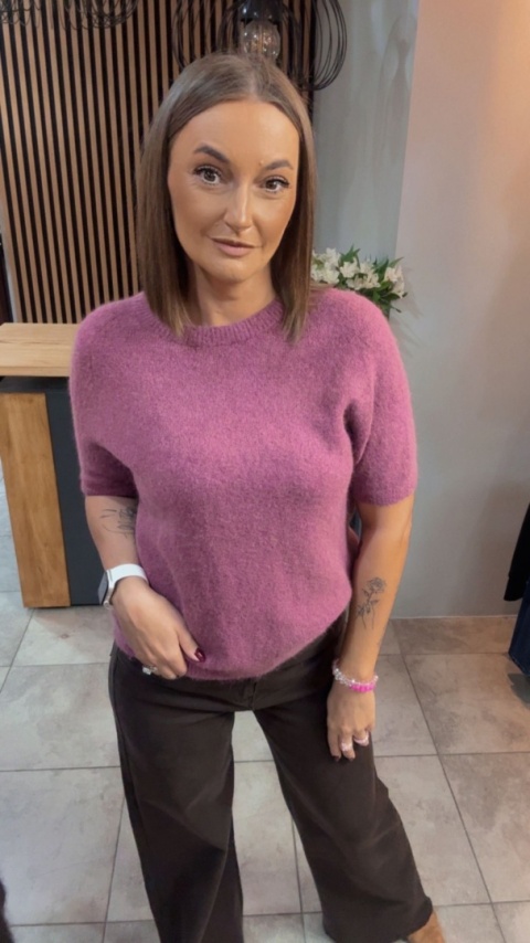 Sweter z krótkim rękawem z baby alpaki - Różowy