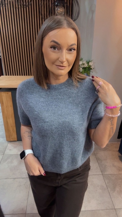 Sweter z krótkim rękawem z baby alpaki - Grafit