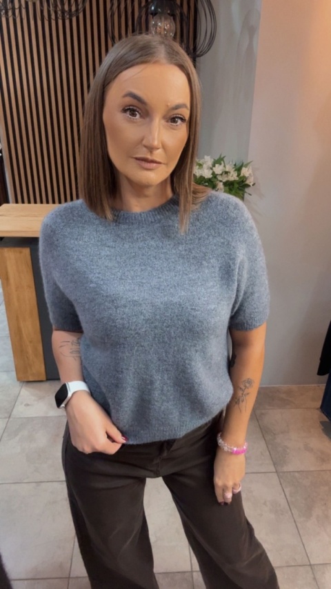 Sweter z krótkim rękawem z baby alpaki - Grafit