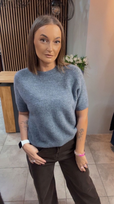 Sweter z krótkim rękawem z baby alpaki - Grafit