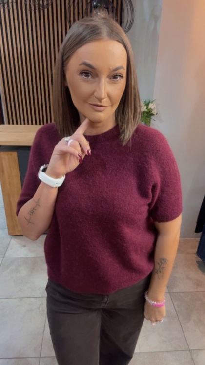 Sweter z krótkim rękawem z baby alpaki - Burgund