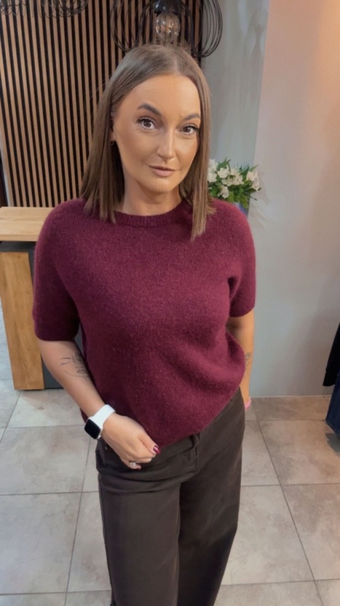 Sweter z krótkim rękawem z baby alpaki - Burgund