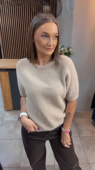 Sweter z krótkim rękawem z baby alpaki – Beżowy