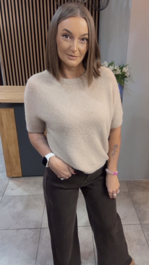 Sweter z krótkim rękawem z baby alpaki – Beżowy