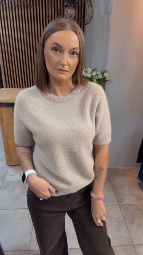 Sweter z krótkim rękawem z baby alpaki – Beżowy