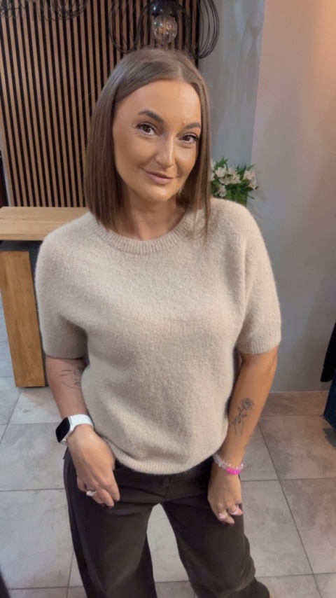 Sweter z krótkim rękawem z baby alpaki – Beżowy