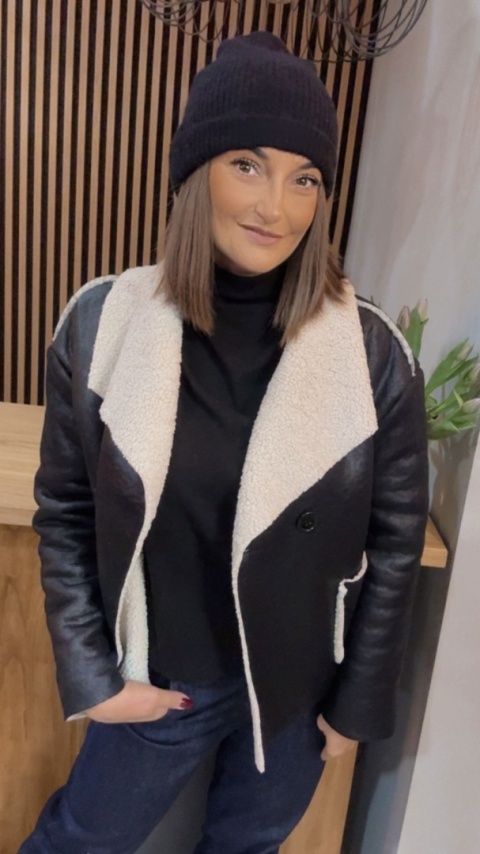 Kurtka z kożuchem - ekoskóra, czarna