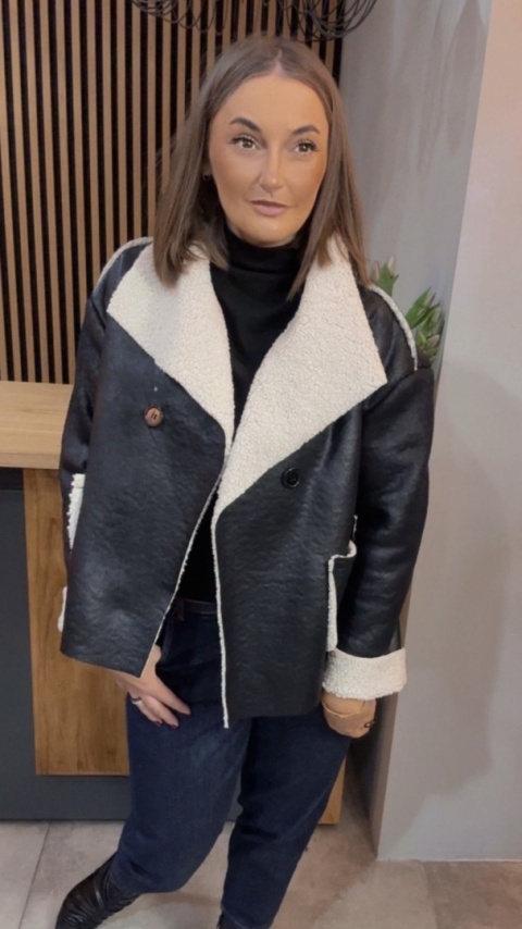 Kurtka z kożuchem - ekoskóra, czarna