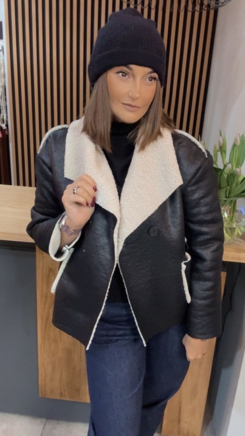 Kurtka z kożuchem - ekoskóra, czarna