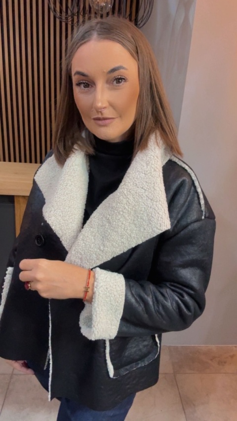 Kurtka z kożuchem - ekoskóra, czarna