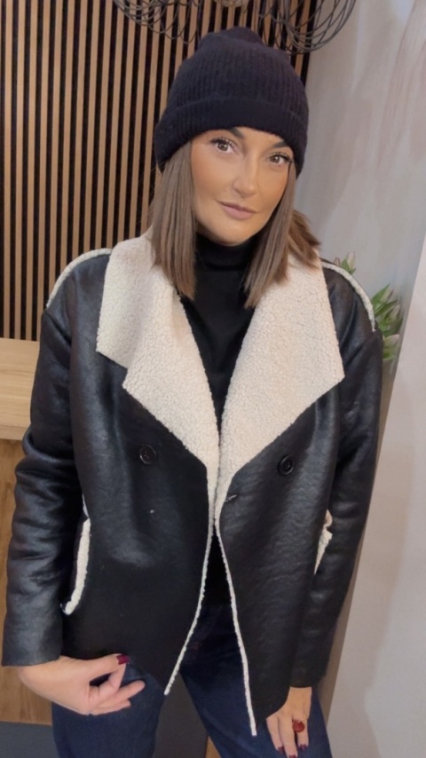 Kurtka z kożuchem - ekoskóra, czarna