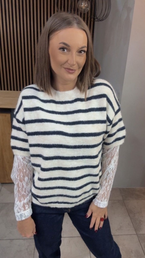 Sweter z koronkowymi rękawami – Granat