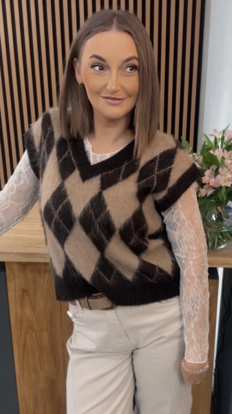 Kamizelka w romby Miss Lucky - beżowo-czarna