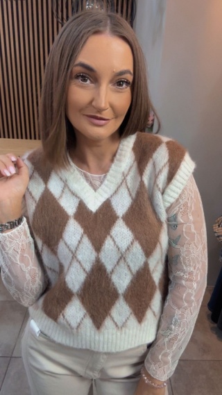 Kamizelka w romby Miss Lucky - biało-brązowa