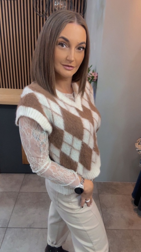 Kamizelka w romby Miss Lucky - biało-brązowa