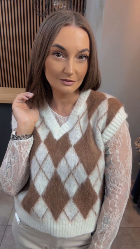 Kamizelka w romby Miss Lucky - biało-brązowa