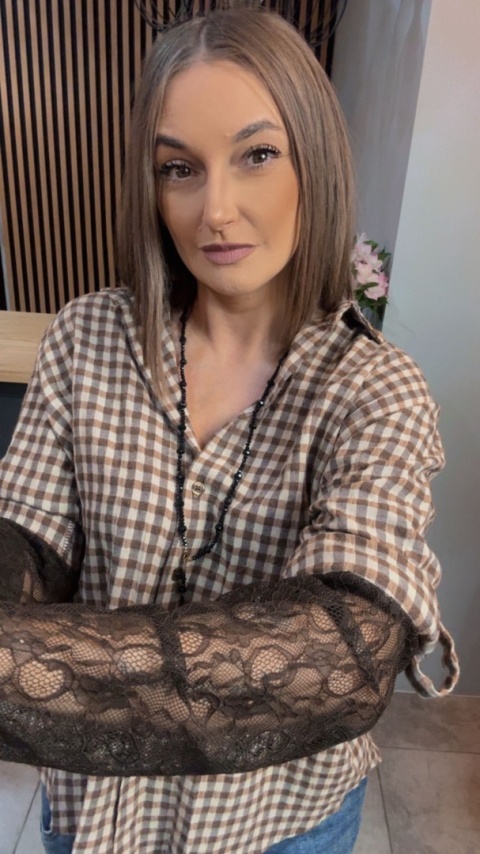 Koszula POSSE w brązową kratkę z koronkowymi rękawami