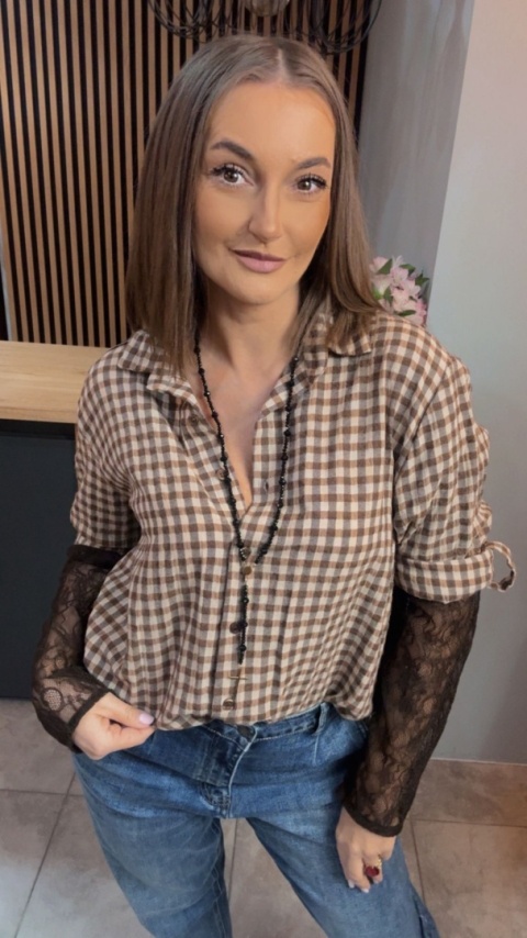 Koszula POSSE w brązową kratkę z koronkowymi rękawami