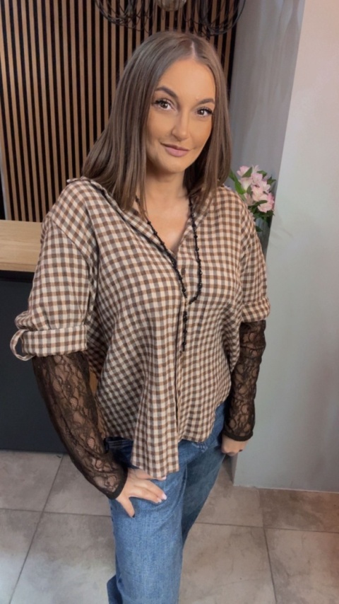 Koszula POSSE w brązową kratkę z koronkowymi rękawami