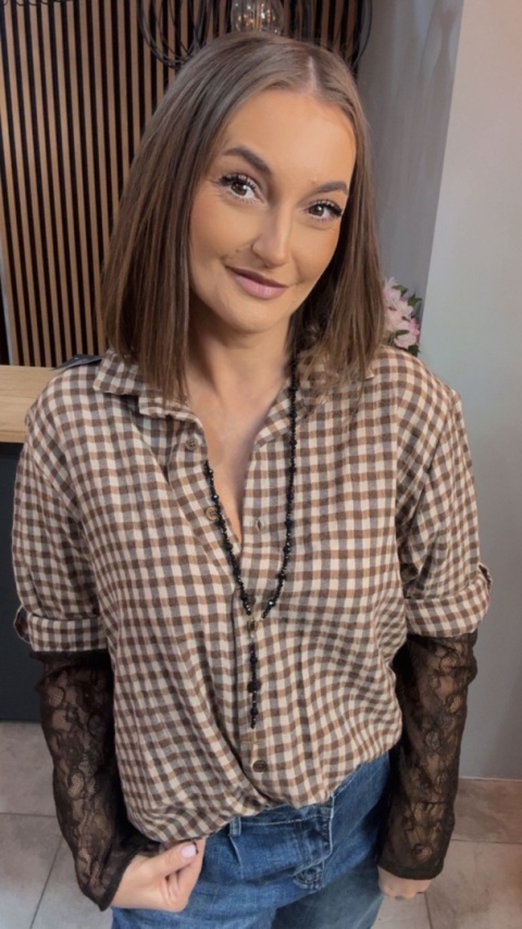 Koszula POSSE w brązową kratkę z koronkowymi rękawami