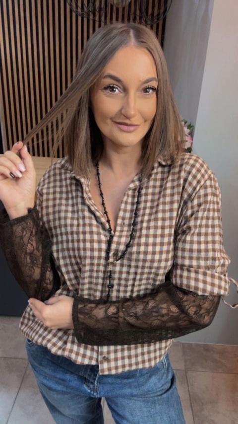 Koszula POSSE w brązową kratkę z koronkowymi rękawami