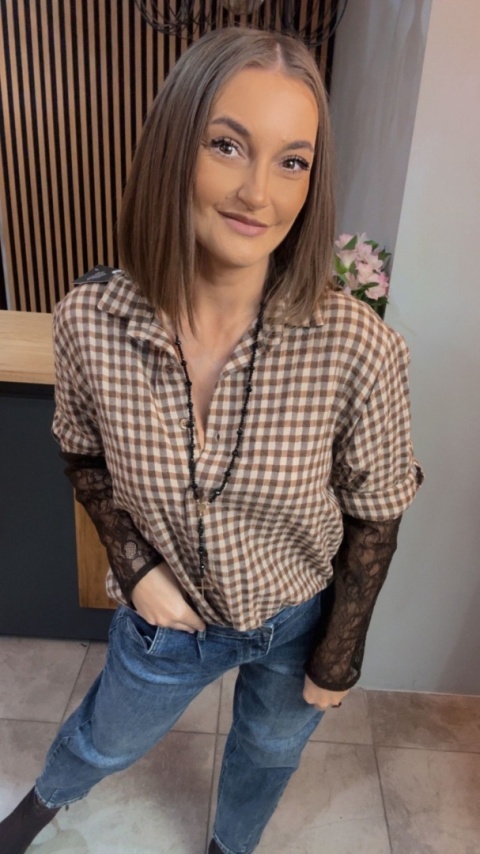 Koszula POSSE w brązową kratkę z koronkowymi rękawami