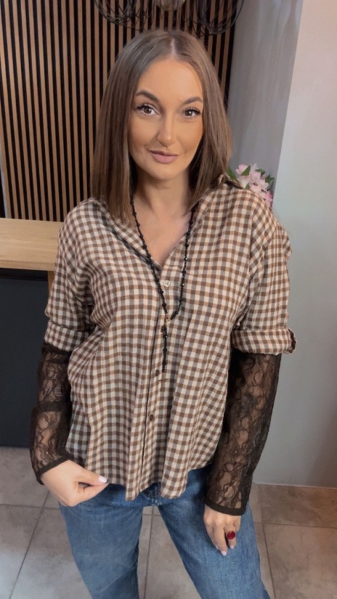 Koszula POSSE w brązową kratkę z koronkowymi rękawami