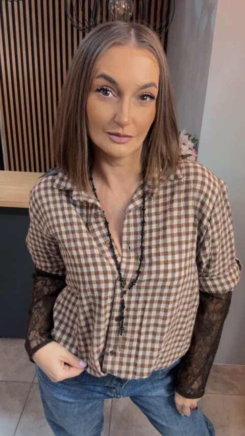 Koszula POSSE w brązową kratkę z koronkowymi rękawami