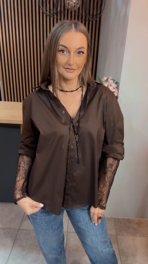 Koszula POSSE z koronkowymi rękawami - Czekolada