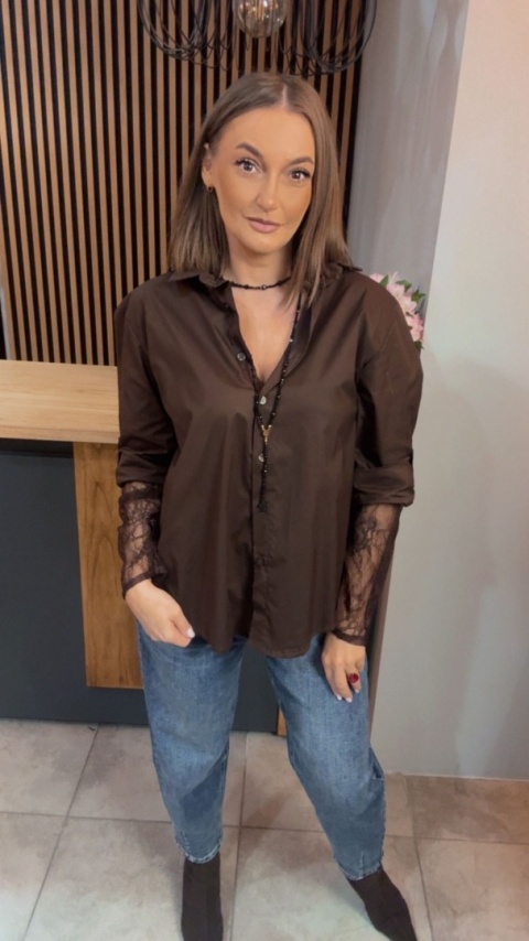 Koszula POSSE z koronkowymi rękawami - Czekolada